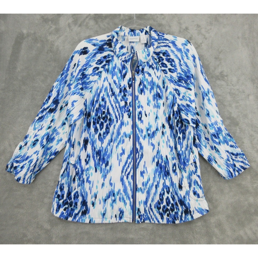 Zenergy by Chicos Jacket Womens Size 1 M Blue White Ikat Zip Athleisure Boho